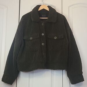 Sanctuary Anthropologie Olive Green Bomber Sherpa Fuzzy cropped Jacket Size XL